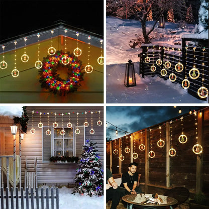 Vier Beispiele: Ring-Lichtervorhang an Dachrinne, Zaun und Fenster im Winter
