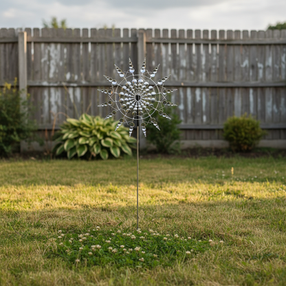Windrad Garten silber 40 cm – Metall Windspiel gross auf Erdstab im Garten