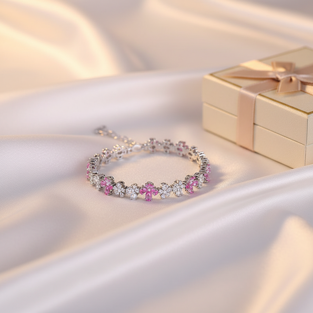 Beispiel für das Kirschblüten Armband Zirkonia, ideal für Damen und Mädchen, perfekt als Geschenk zum Valentinstag.