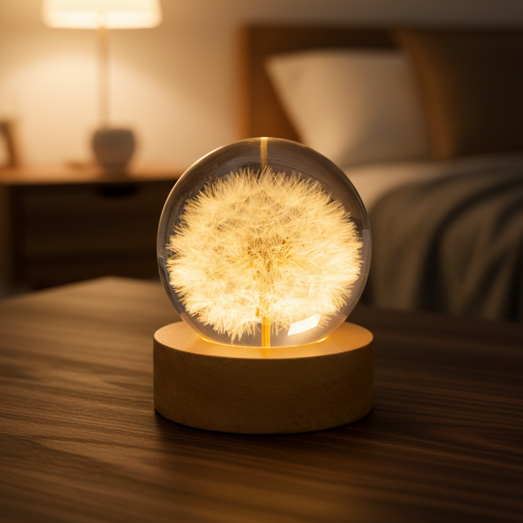 LED Nachtlicht Pusteblume Glaskugel 6 cm 3D Blume Holzsockel Schlafzimmer