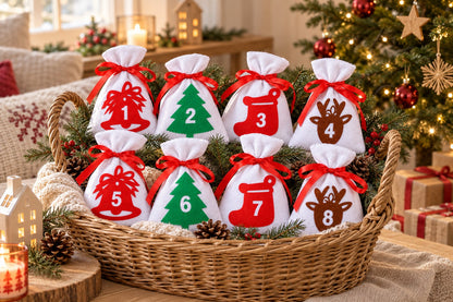 Befüllte Filzsäckchen mit Weihnachtsmotiven in einem Weidenkorb mit Tannenzweigen
