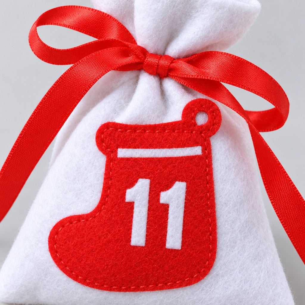 Nahaufnahme eines Filzsäckchens mit rotem Filz-Stiefel, ausgestanzter Zahl 11 und roter Satinschleife
