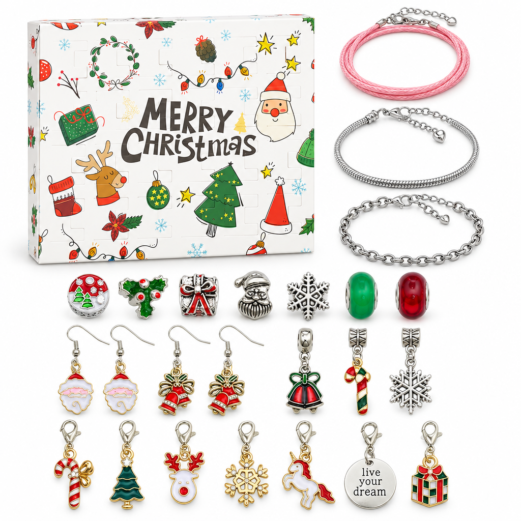 Schmuck Adventskalender Silber: weisse Box mit bunten Weihnachtszeichnungen, daneben rosa Flechtband, zwei Silberketten, Perlen, Ohrhänger und Karabiner-Anhänger