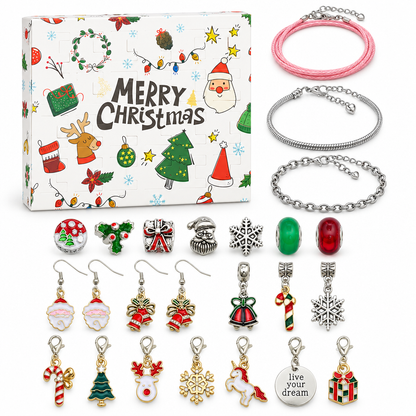 Schmuck Adventskalender Silber: weisse Box mit bunten Weihnachtszeichnungen, daneben rosa Flechtband, zwei Silberketten, Perlen, Ohrhänger und Karabiner-Anhänger