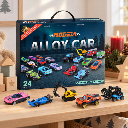 Auto Adventskalender mit Tragegriff auf der Kommode, davor Sportwagen, Rennwagen, Bagger, Pickup und Gabelstapler aus Metall