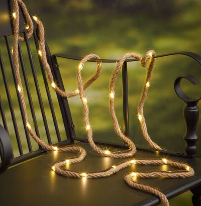 Solar Lichterkette aus echtem Hanfseil (Naturfaser) mit Kupferdraht und 100 warmweissen LEDs
