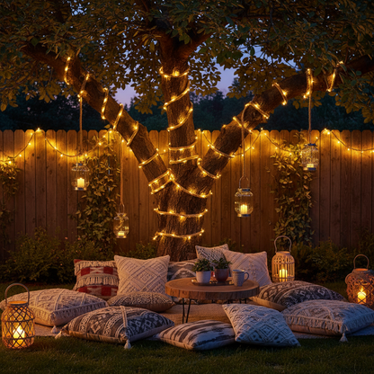 Solar Lichterkette Aussen wickelt sich um Baumstamm und Garten-Zaun warmweiss