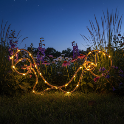 Solar Lichterdraht im Hanfseil mit warmen LEDs leuchtet zwischen Gartenpflanzen