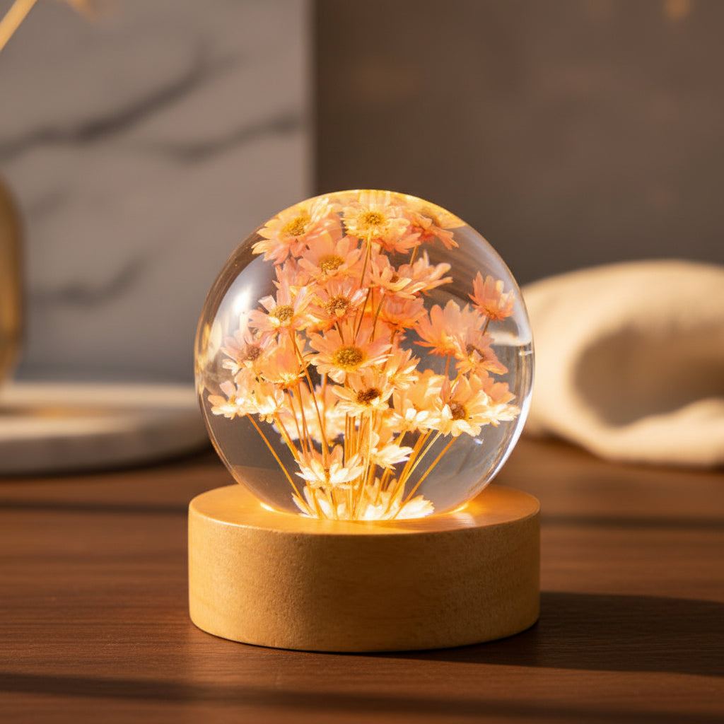 Kristallkugel Nachtlicht 6 cm Rote Gaensebluemchen Glaskugel Nachtlampe Holzsockel