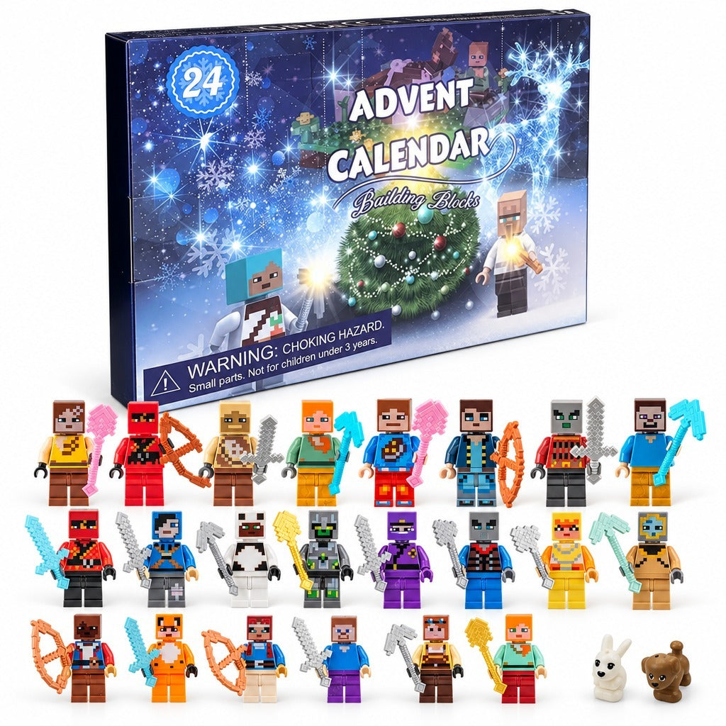 Klemmbausteine Adventskalender mit Winterhimmel-Box und 22 Pixel-Minifiguren mit Werkzeug, dazu Hase und Hund