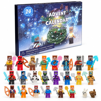 Klemmbausteine Adventskalender mit Winterhimmel-Box und 22 Pixel-Minifiguren mit Werkzeug, dazu Hase und Hund