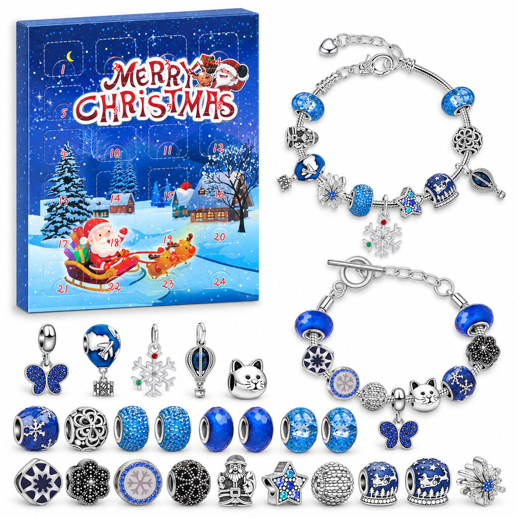 Bettelarmband Adventskalender Box Merry Christmas mit Weihnachtsmann im Schlitten, davor zwei Armbänder mit blauen Charms