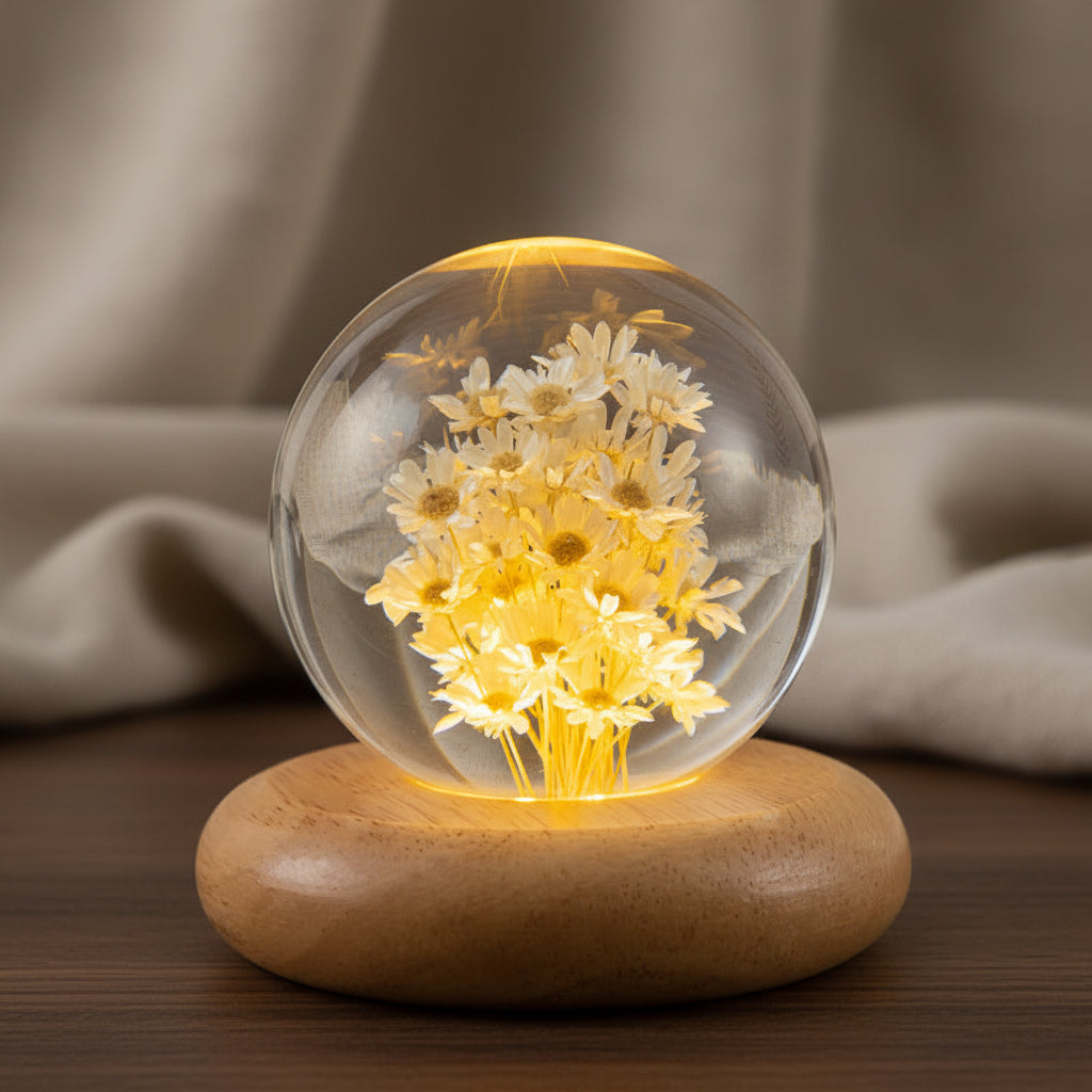 Kristallkugel Nachtlicht 7 cm Gelbe Gaensebluemchen Glaskugel Nachtlampe Holzsockel