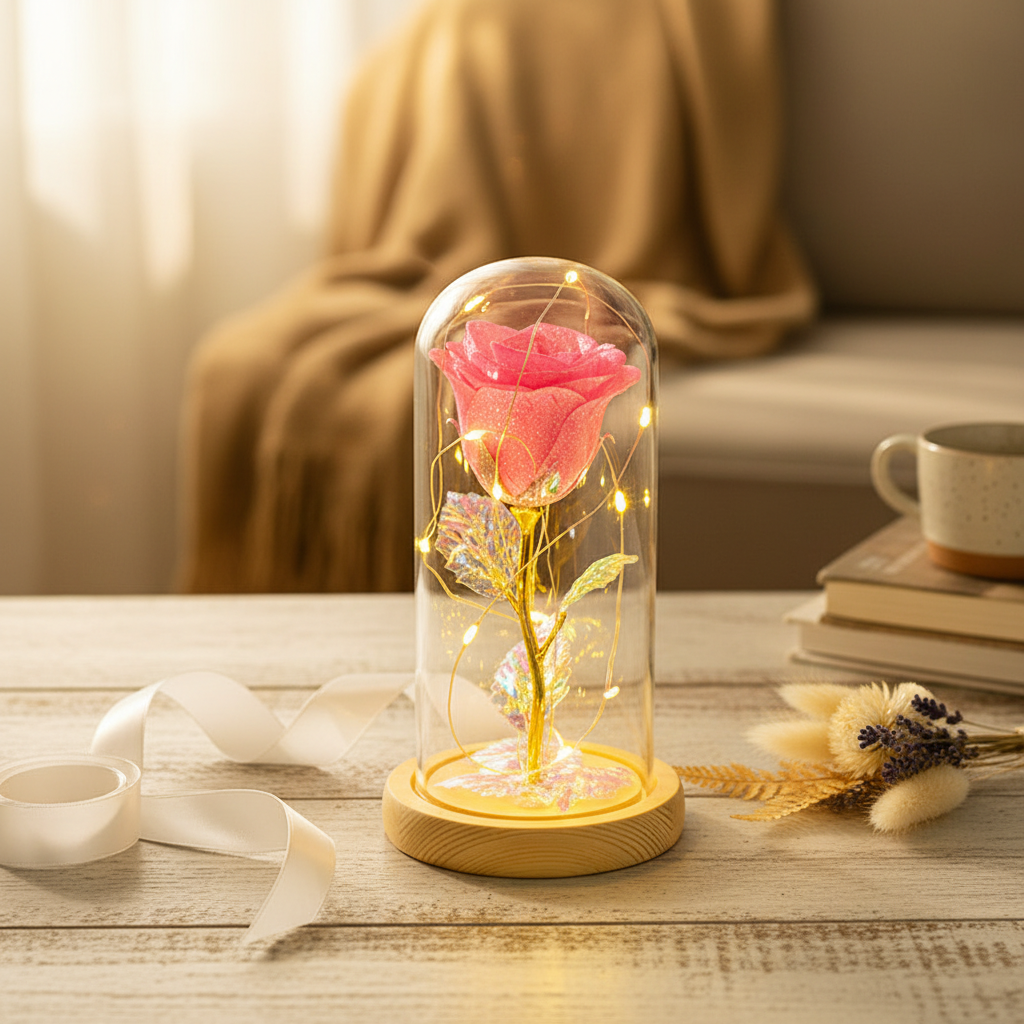 Rose im Glas LED Nahaufnahme – konservierte Blüte mit strukturiertem Lichtschein