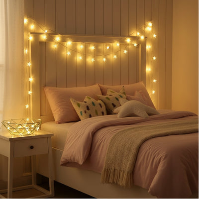 Sternen Lichterkette in Warmweiss am Kopfteil eines Bettes und an der Wand daneben im Schlafzimmer