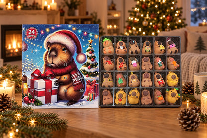 Capybara Adventskalender mit 3D-Figuren auf einem Holztisch in der weihnachtlichen Stube mit Kamin und Christbaum