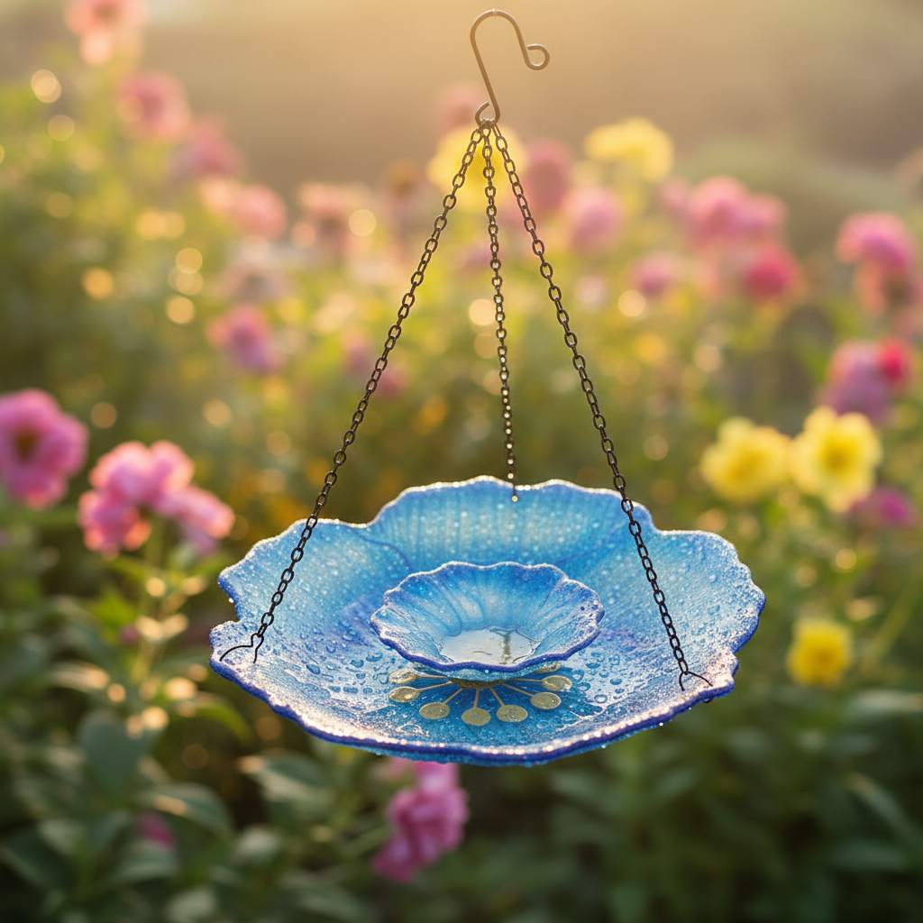 Blauer Glas-Vogelfutterspender hängt zwischen rosa und gelben Gartenblumen im Sonnenlicht