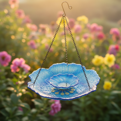Blauer Glas-Vogelfutterspender hängt zwischen rosa und gelben Gartenblumen im Sonnenlicht