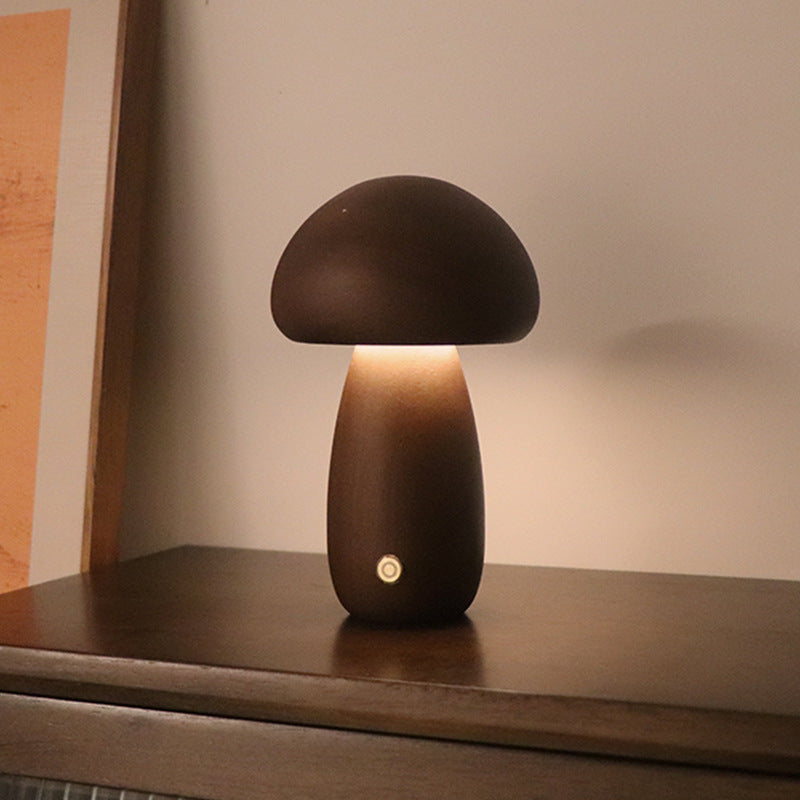 Pilzlampe Holz Rund Nussbaum – LED Nachttischlampe dimmbar Schlafzimmer