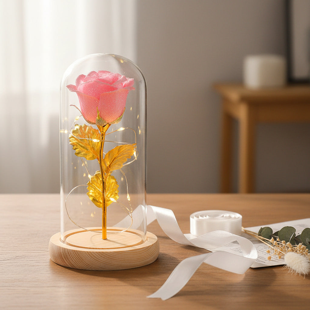 Glasglocke Rose LED Stimmungslicht – romantische Atmosphäre als Tisch- und Nachtdekoration
