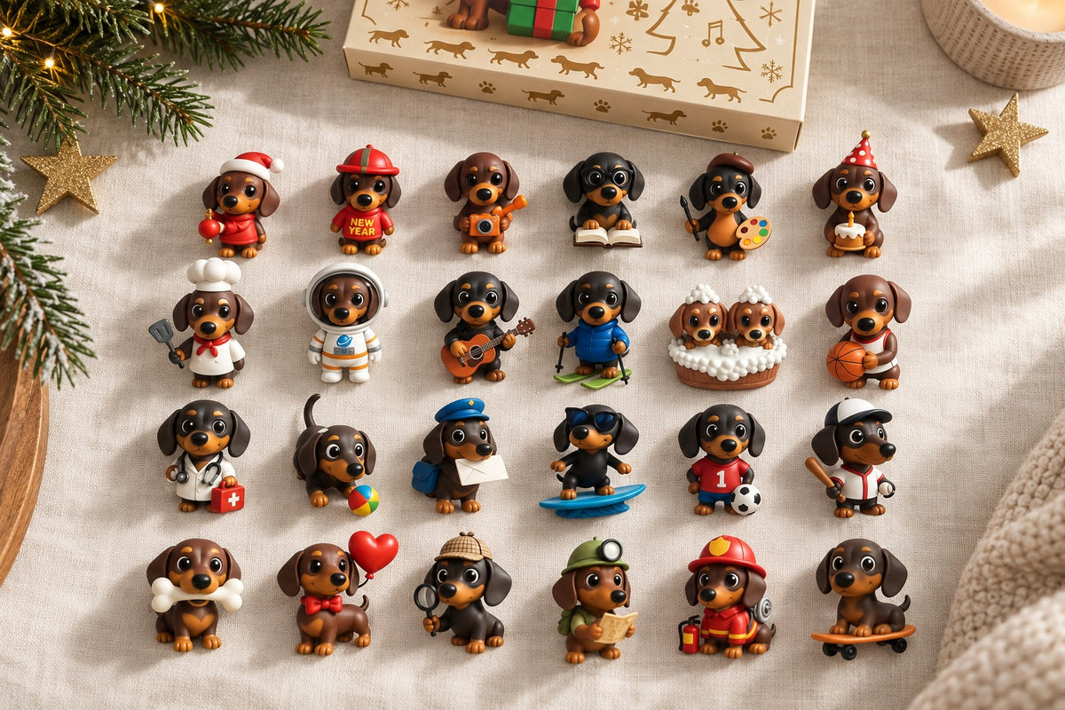 Alle 24 Dackel Figuren aus dem Adventskalender in vier Reihen auf heller Decke, oben die Box zwischen Tannenzweigen