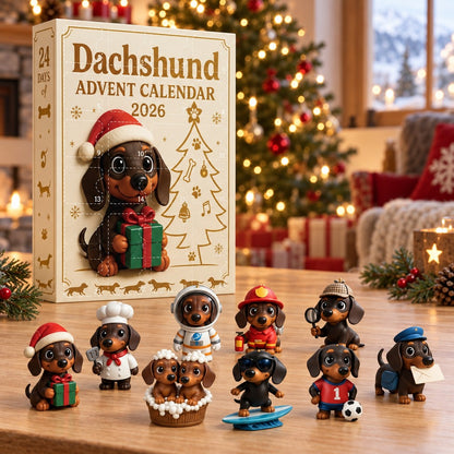 Dackel Adventskalender 2026 in cremefarbener Box vor dem Weihnachtsbaum, davor 3D-Figuren als Koch, Astronaut und Postbote