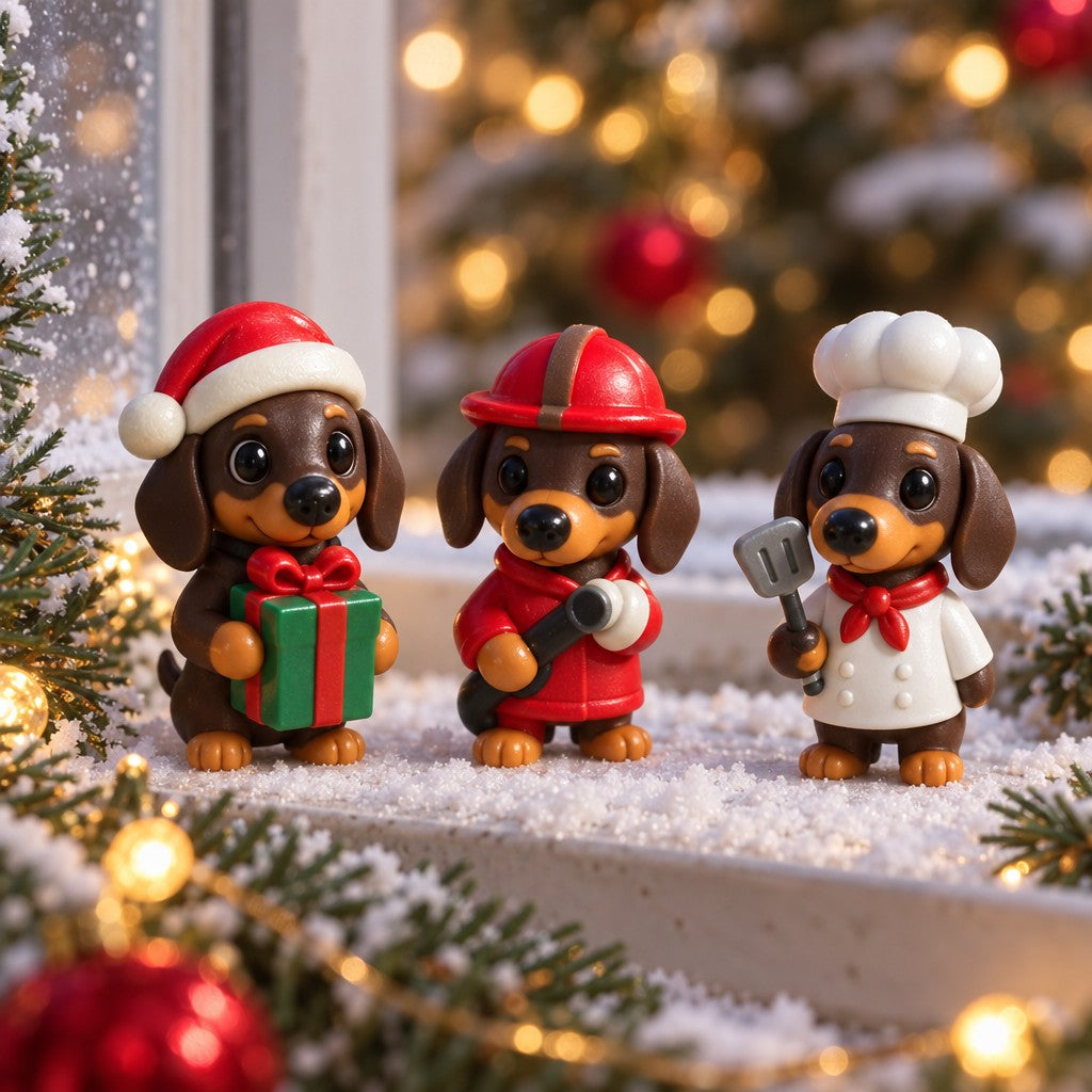 Drei 3D-Dackel als Weihnachtsmann mit Geschenk, Feuerwehrmann und Koch auf der verschneiten Fensterbank