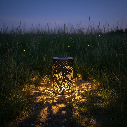 Solarlampe Schmetterling steht auf Steinpfad und projiziert Flügelschatten ins Beet