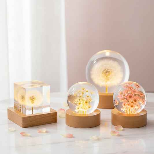 Kristallkugel Nachtlicht 3D Blume Holzsockel LED Tischlampe Geschenk Frauen
