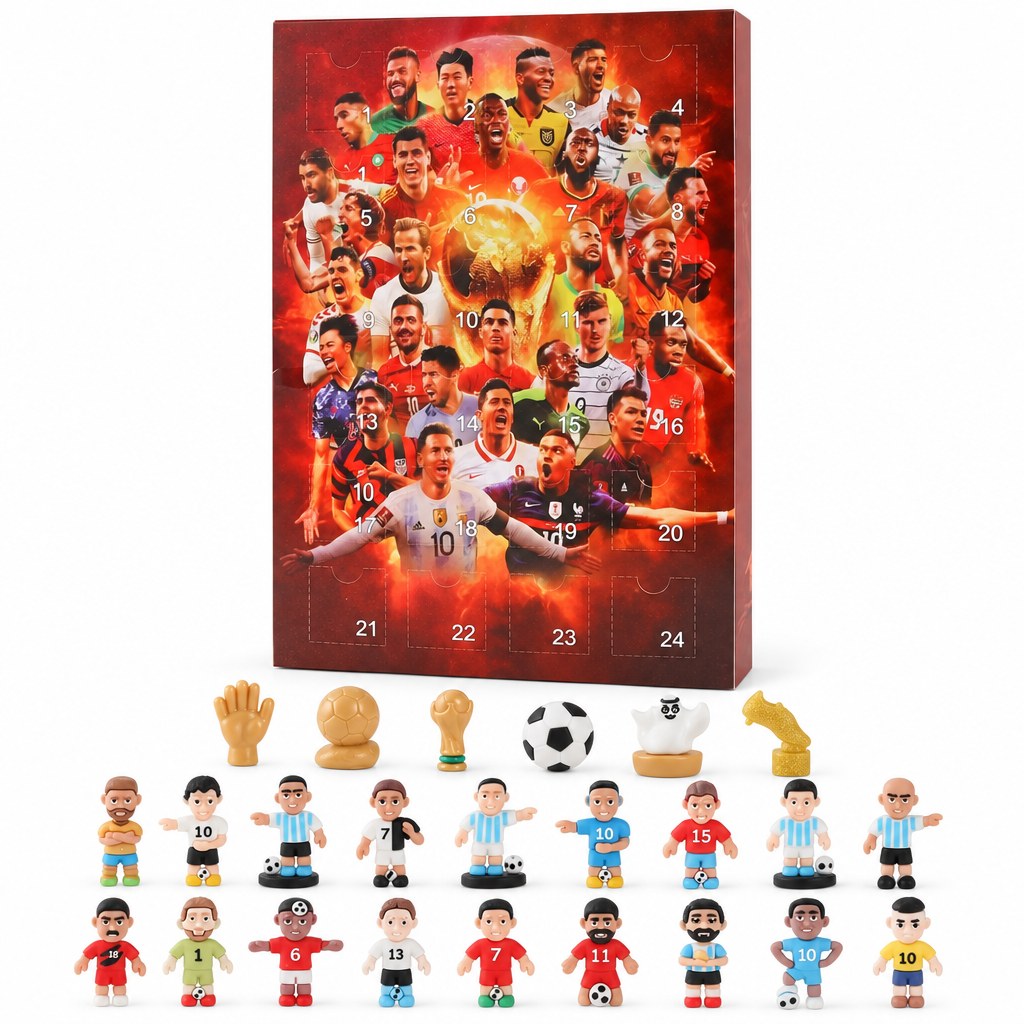 Fussball Adventskalender mit Figuren: Box mit 24 Türchen, davor alle 18 Spielerfiguren und 6 Extras