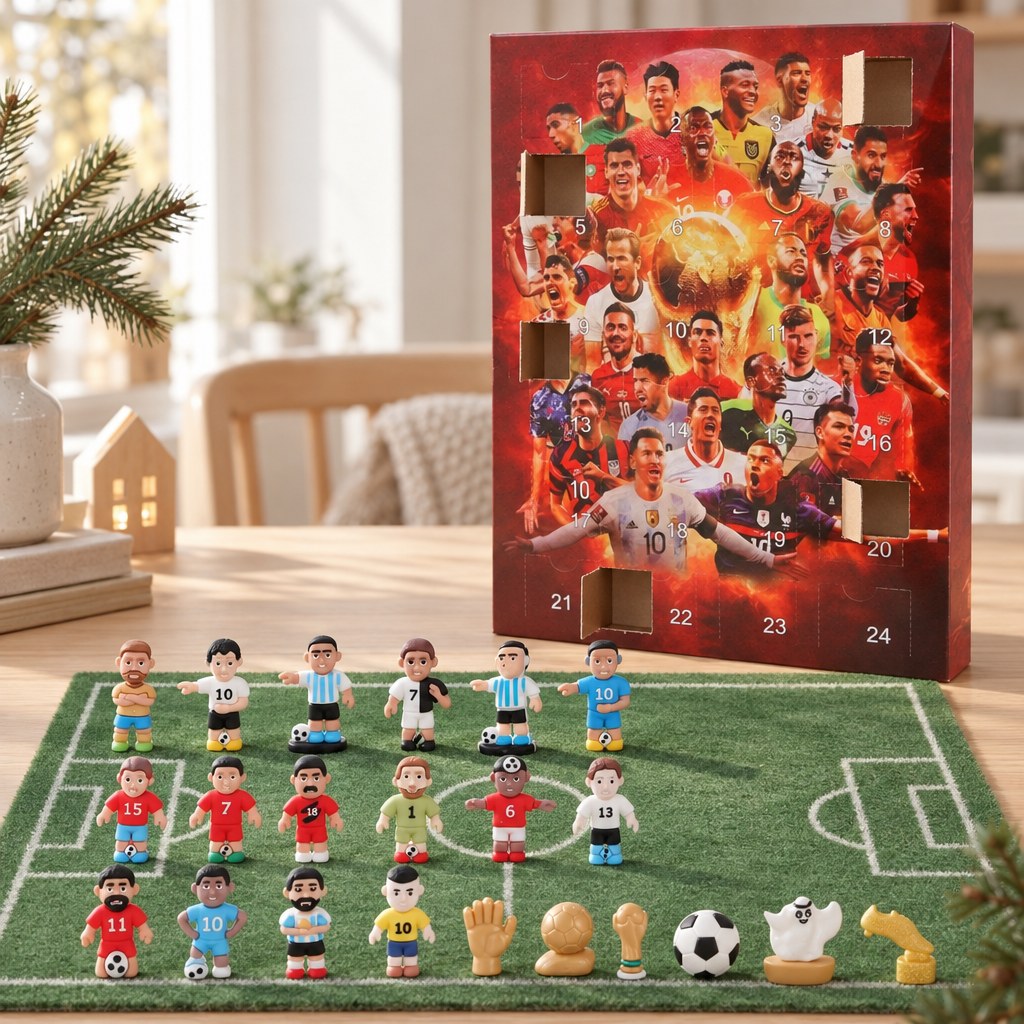 Fussball Adventskalender mit Figuren: Spielerfiguren und goldene Extras auf einem Mini-Fussballfeld vor der Box