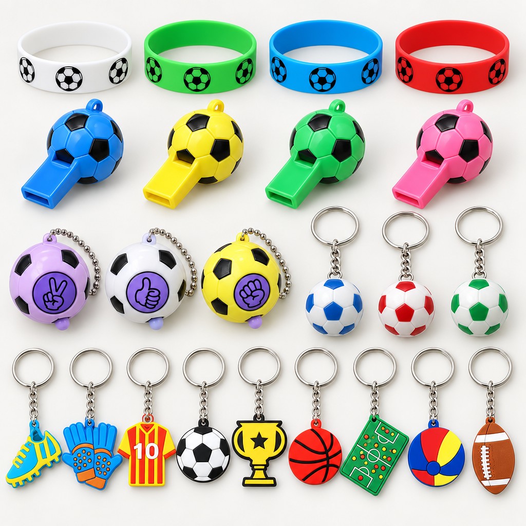 Inhalt: 4 Fussball-Armbänder, 4 Pfeifen, Quetschbälle und Fussball-Schlüsselanhänger