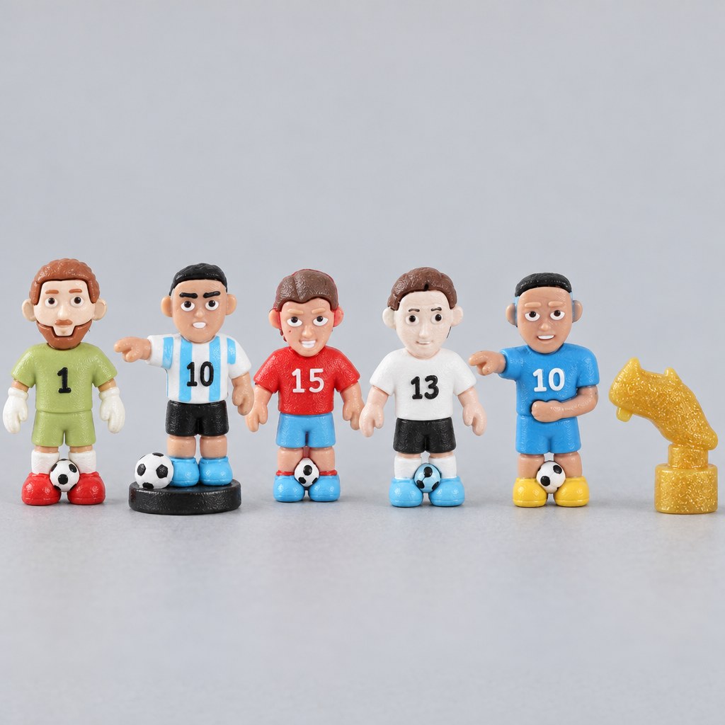 Nahaufnahme der Fussball Figuren aus dem Adventskalender: Torwart, Spieler mit Rückennummern und goldener Schuh