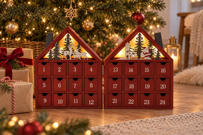 Rotes Doppelhaus mit leuchtenden Rentier- und Weihnachtsmann-Giebeln auf Wollteppich vor dem Christbaum
