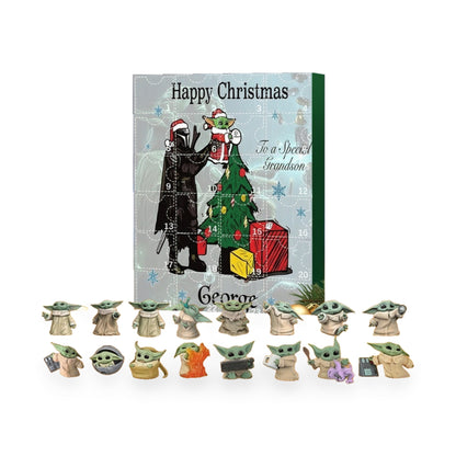 Grogu Adventskalender „Happy Christmas“ mit Weihnachtsbaum-Motiv und 16 Baby-Yoda-Figuren davor