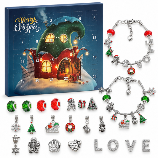 Charm Armband Adventskalender mit Wichtelhaus-Motiv, zwei Armbändern und den Buchstaben L-O-V-E
