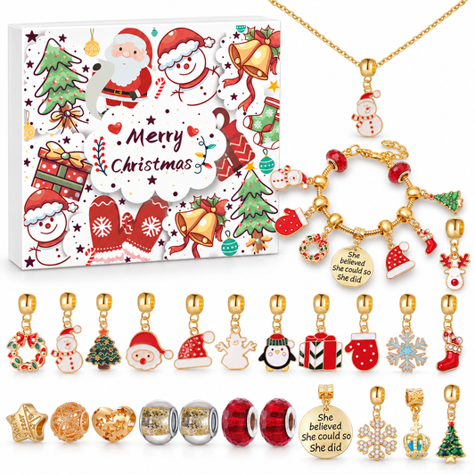 Adventskalender Charms: weisse Box mit Weihnachtsmann und Schneemännern, davor goldene Halskette, Charm-Armband und 23 Anhänger