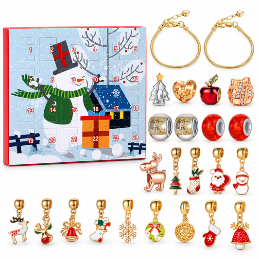 Adventskalender Schneemann mit Zylinder und blauem Häuschen, daneben zwei goldfarbene Armbänder und alle Anhänger