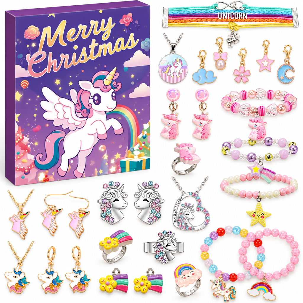 Einhorn Adventskalender in Lila mit geflügeltem Einhorn, daneben Armbänder, Ketten, Ohrringe und Ringe