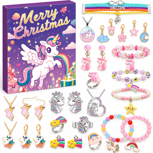 Einhorn Adventskalender in Lila mit geflügeltem Einhorn, daneben Armbänder, Ketten, Ohrringe und Ringe