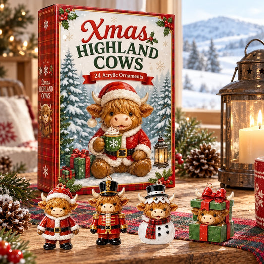 Highland Kuh Adventskalender mit roter Box und Kuh im Weihnachtsmantel, davor vier Acryl-Anhänger auf Holztisch