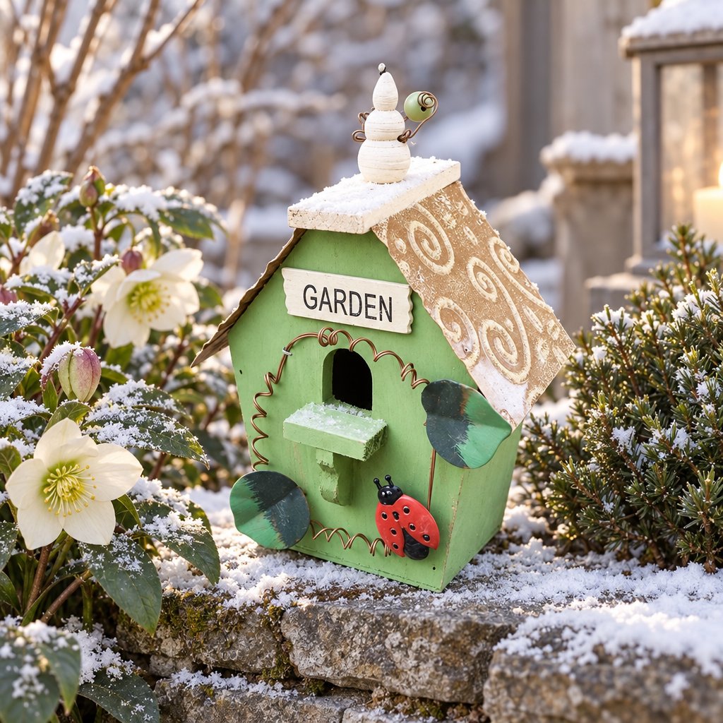 Grünes Holz Vogelhaus mit Garden Schild und Marienkäfer auf verschneiter Steinmauer neben Christrosen im Winter