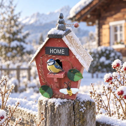 Holz Vogelhaus rot mit Home Schild und Biene auf einem verschneiten Zaunpfosten, Blaumeise am Einflugloch