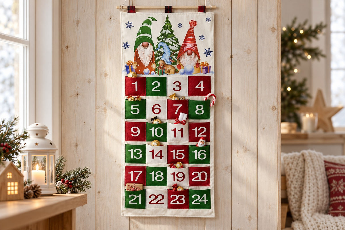 Befüllter Stoff-Adventskalender: aus einigen Taschen schauen Schokolade und eine Zuckerstange