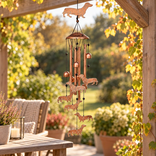 Klangspiel aus Metall mit Dackel-Figuren an der Pergola im Garten