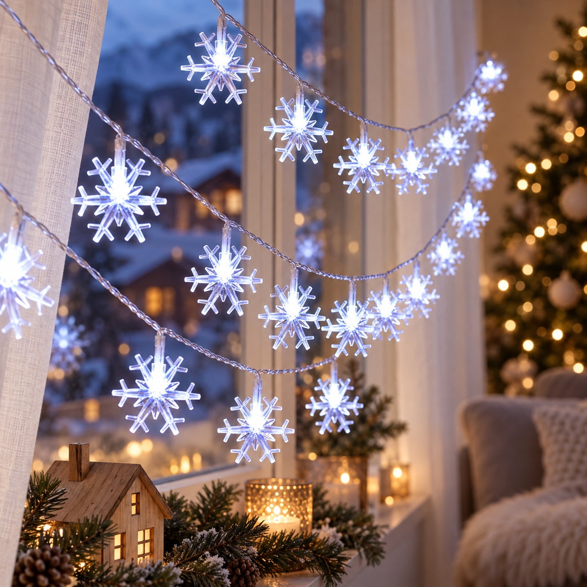 LED Schneeflocken Lichterkette Kaltweiss weihnachtlich dekoriert