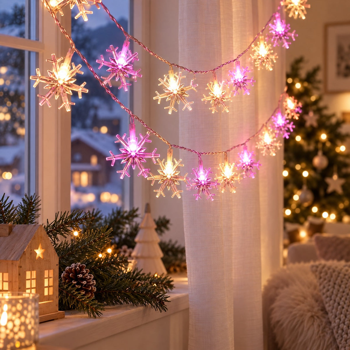 LED Schneeflocken Lichterkette Rosa weihnachtlich dekoriert