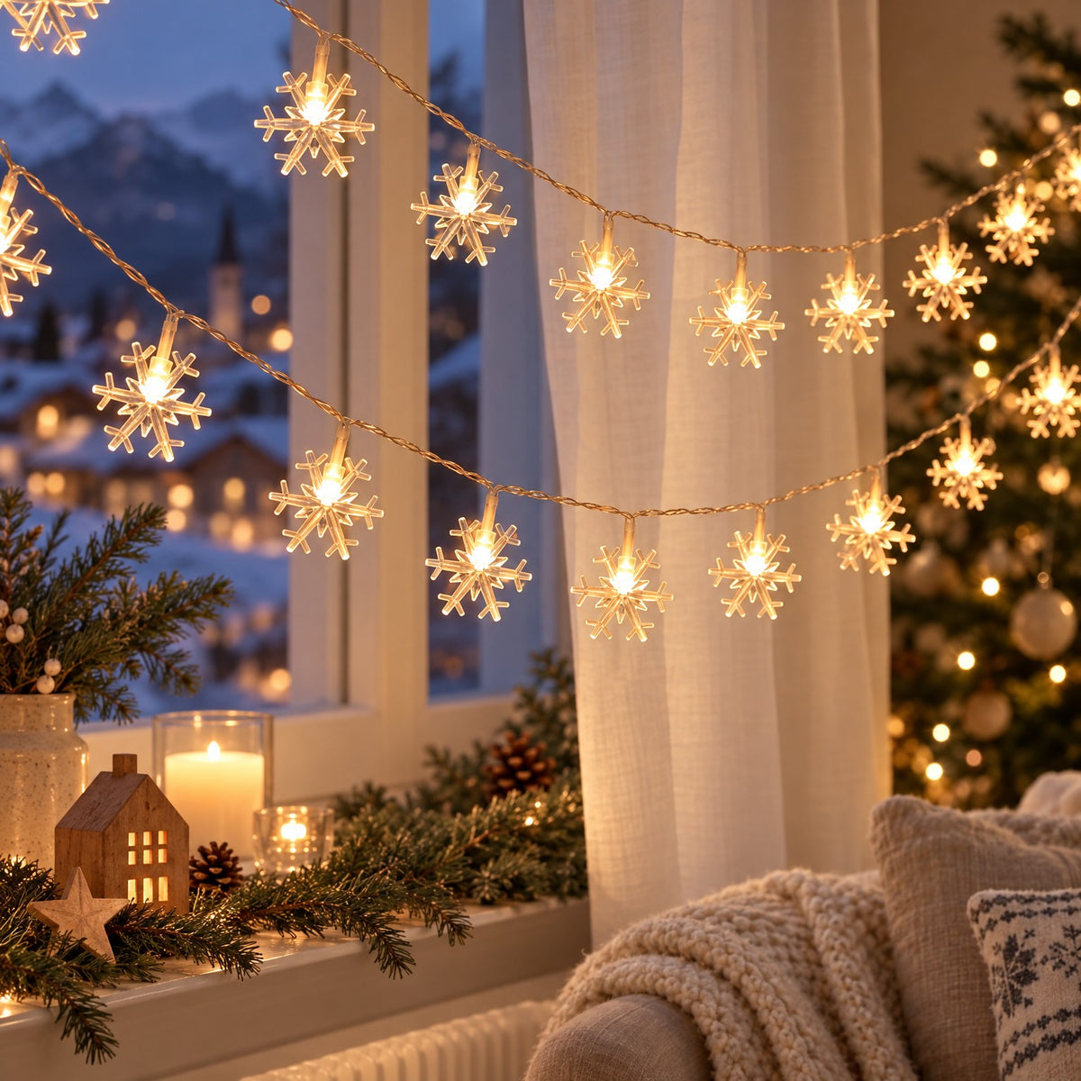 LED Schneeflocken Lichterkette Warmweiss weihnachtlich dekoriert