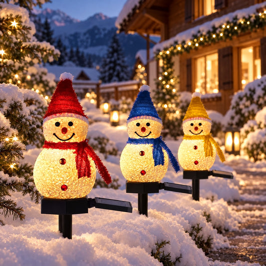 Solar Schneemann Gartenleuchte im verschneiten Garten zur Weihnachtszeit