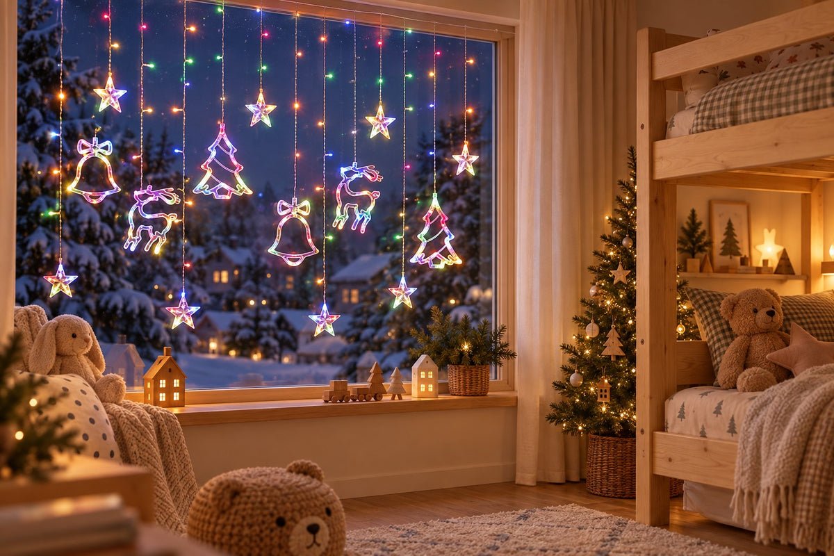 Bunte Lichterkette Vorhang mit Sternen, Glocken, Tannenbäumen und Elch am Kinderzimmerfenster